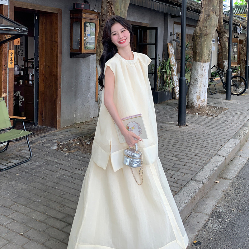 法式气质茶歇背心上衣女2025夏季新款宽松显瘦半身长裙,女装连衣裙,2C122
