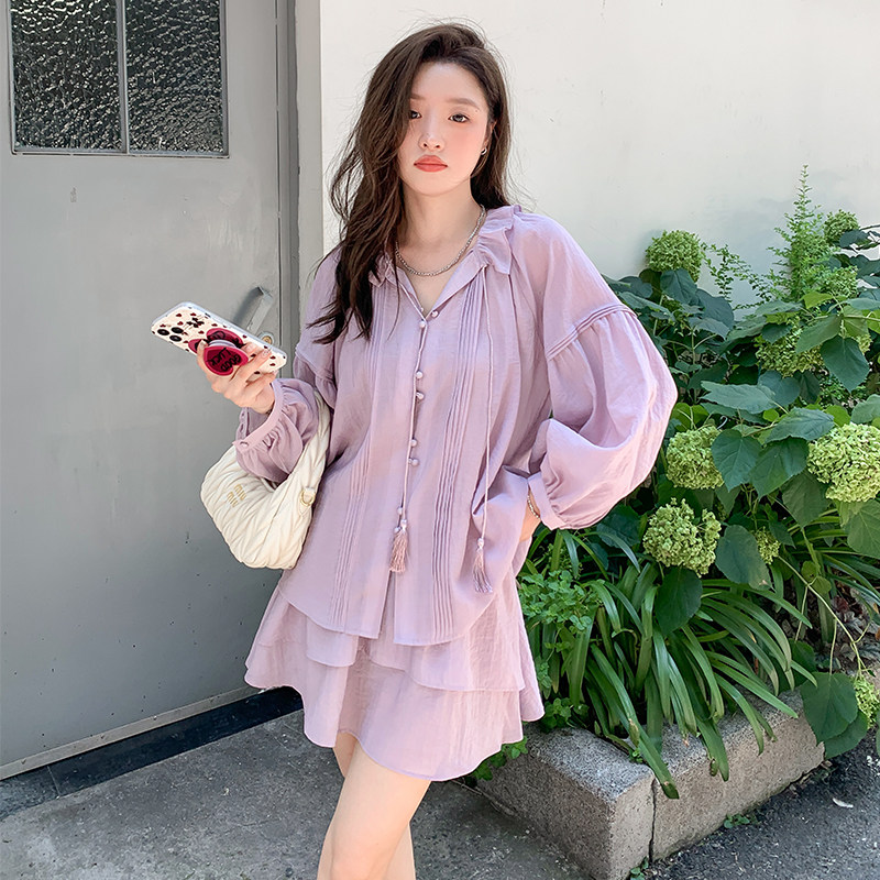 紫色休闲套装裙女2025夏季新款韩系甜美减龄防晒衬衫半身裙两件套,女装套装/套裙,2C260