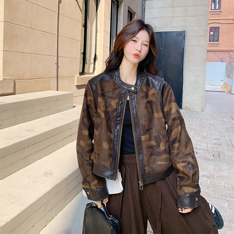 美拉德咖色麂皮绒短外套女春秋2025新款超火好看高级小众夹克上衣,女装短外套,2C126