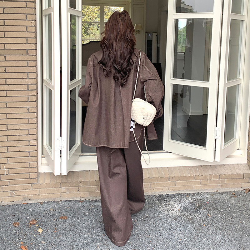 咖色牛仔衬衫套装女春秋2025年新款韩系减龄ootd穿搭阔腿裤两件套,女装套装/套裙,2C139