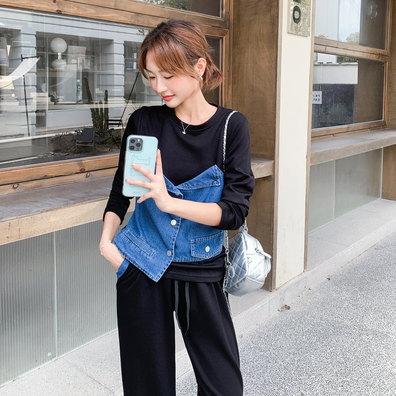 【森系套装】撞色牛仔拼接上衣+休闲长裤套装2D148-A312-P155K235,女装套装/套裙,2D148