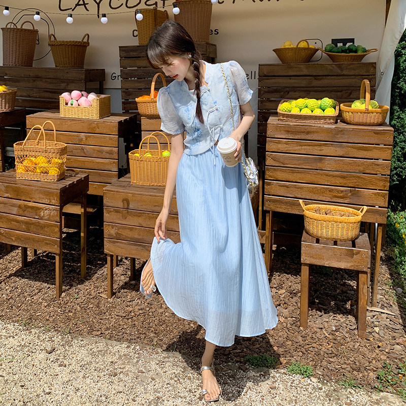 新中式国风盘扣印花上衣套装女2025夏季新款显瘦a字半身裙两件套,女装套装/套裙,2D148