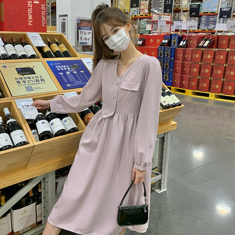 法式减龄V领粉色连衣裙女2024春秋新款小个子宽松显瘦A字中长款裙图片