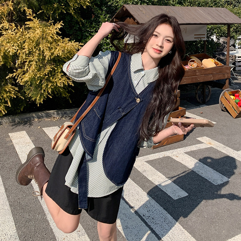 条纹拼接假两件牛仔衬衫外套女春秋2025新款美式复古超好看超火,女装衬衫,2C092