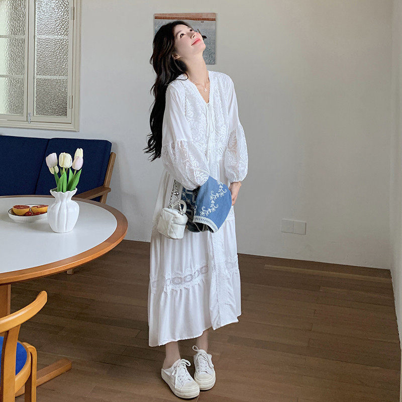 文艺风穿搭白色长袖连衣裙配牛仔马甲女春秋超火好看绝美长裙套装,女装套装/套裙,2D078