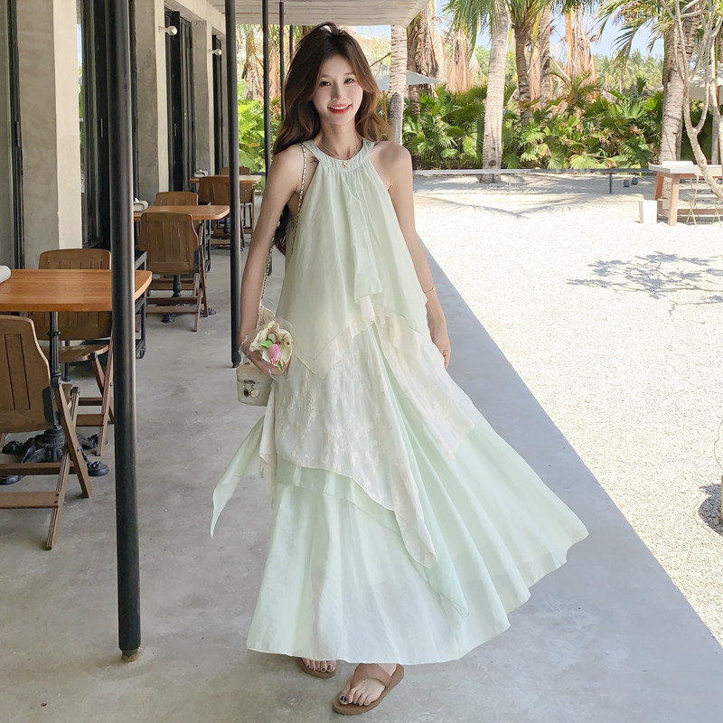 海边度假风无袖挂脖连衣裙女夏季2025新款气质绝美超好看仙女长裙,女装连衣裙,2C131