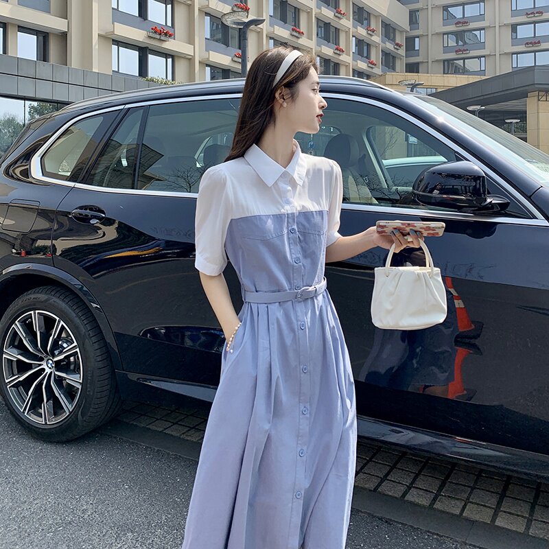 韩版连衣裙女夏2022年新款撞色法式设计感小众轻熟风收腰衬衫裙子,女装连衣裙,2C112