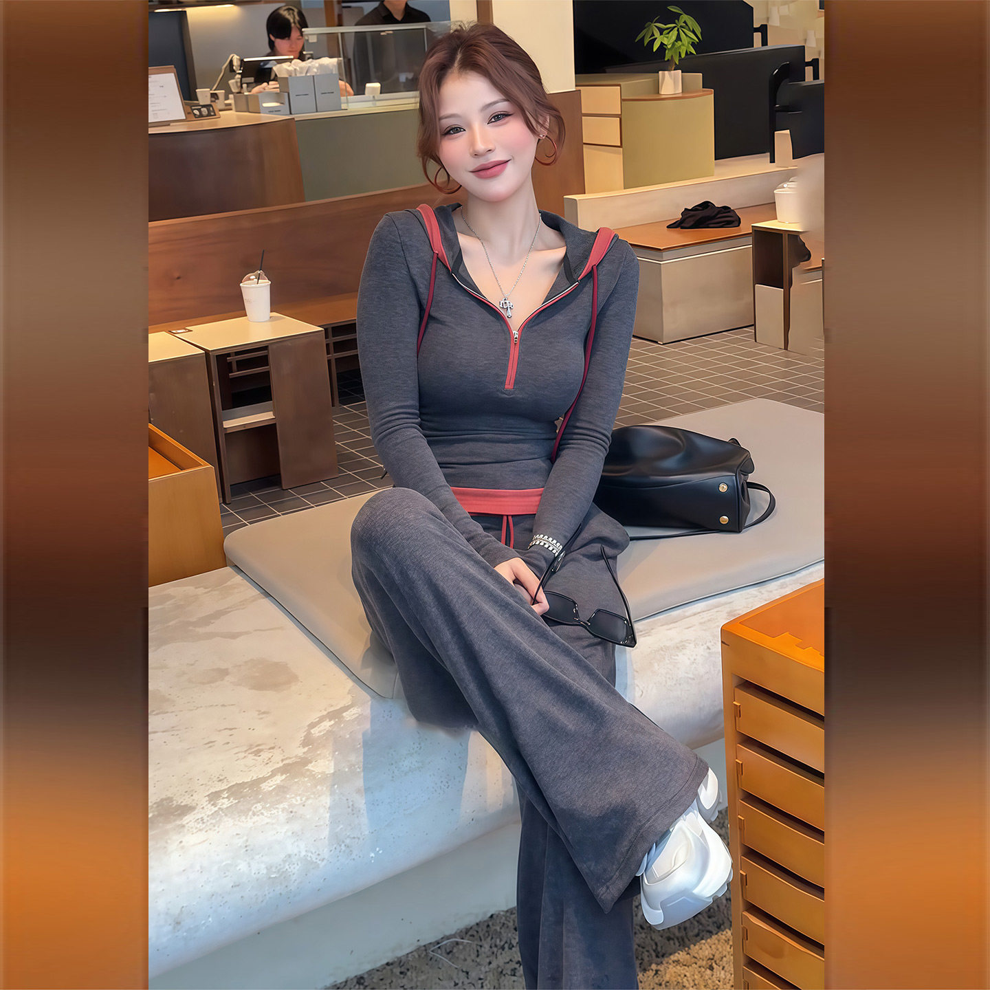 慵懒风一整套穿搭女春季时尚休闲撞色拼接长袖上衣阔腿长裤两件套,女装套装/套裙,2C310