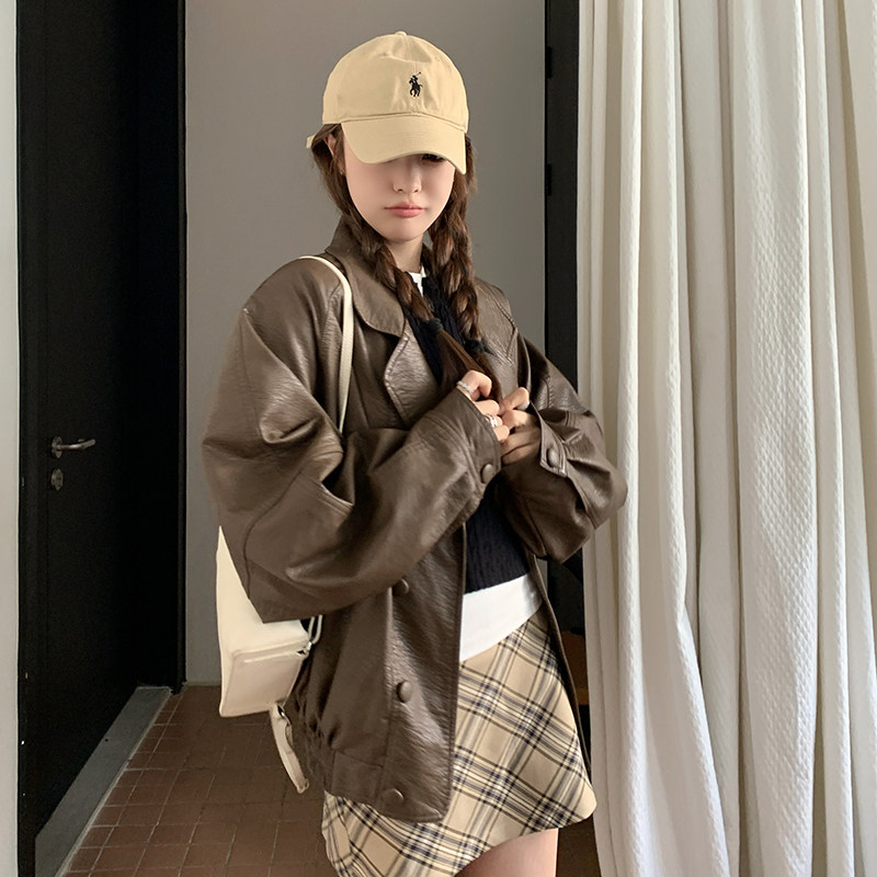 咖色皮衣外套女春秋2026新款高级感小个子宽松机车皮夹克潮,女装皮衣,2C166