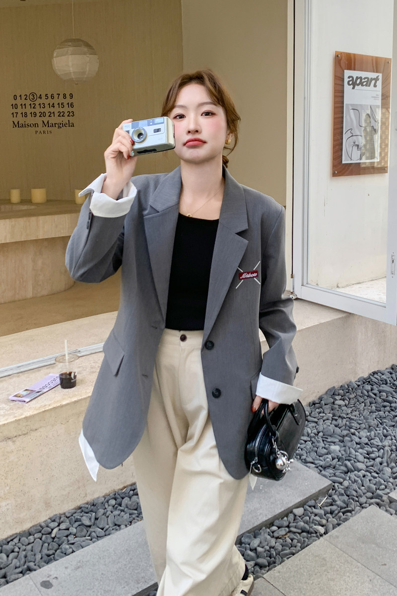灰色韩版宽松休闲西装外套女2025秋季新款小个子时尚显瘦西服上衣,女装西装,2C092
