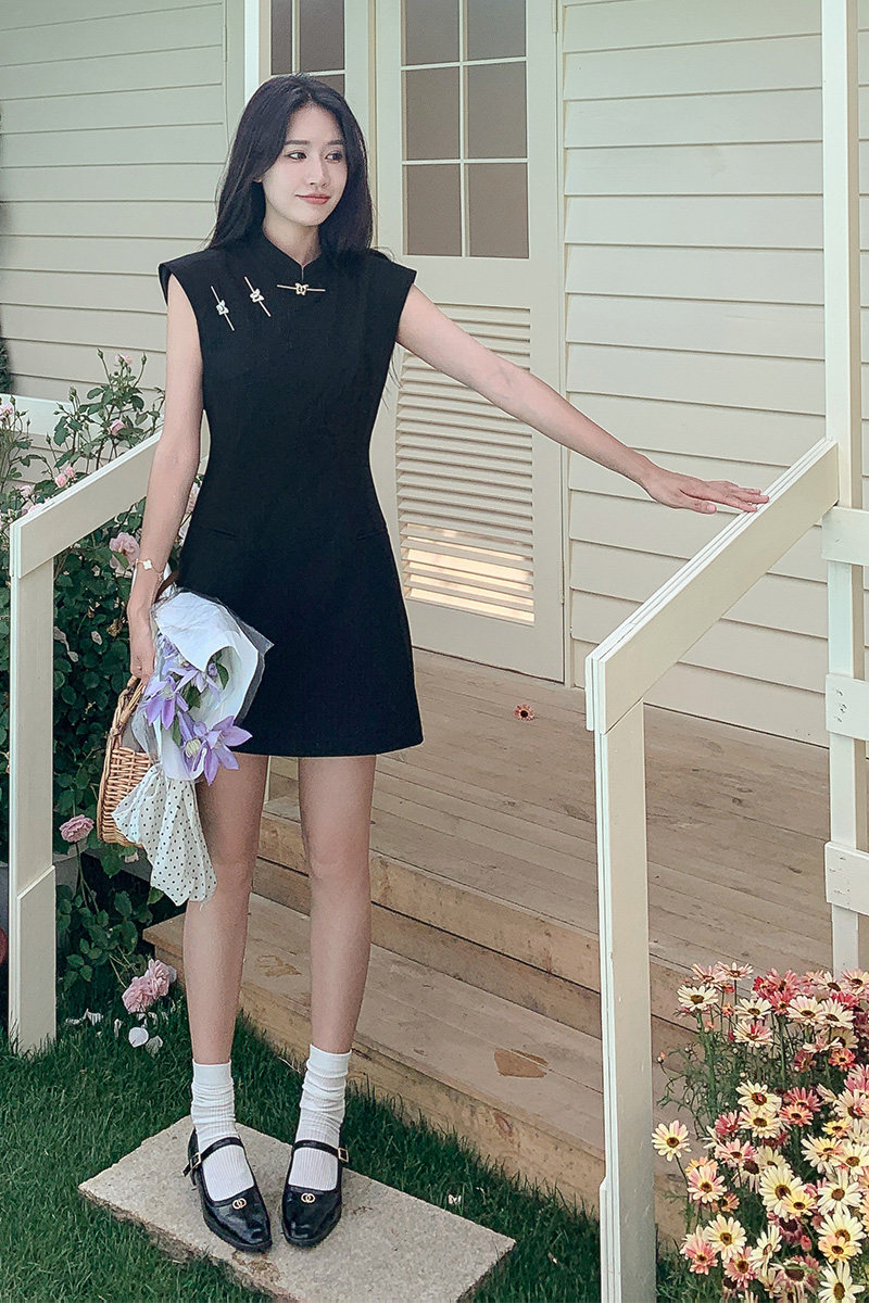 新中式国风刺绣连衣裙女2025夏季新款收腰显瘦气质立领a字短裙子,女装连衣裙,2C015