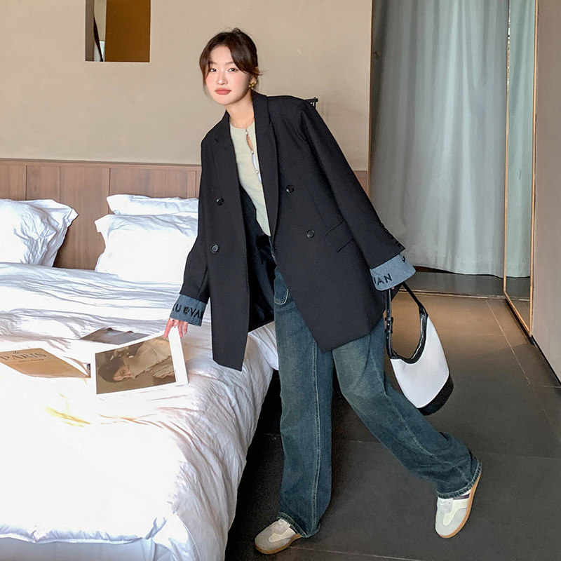 高级感拼接黑色西装外套女2025春秋新款设计感双排扣宽松百搭西服,女装西装,2C098