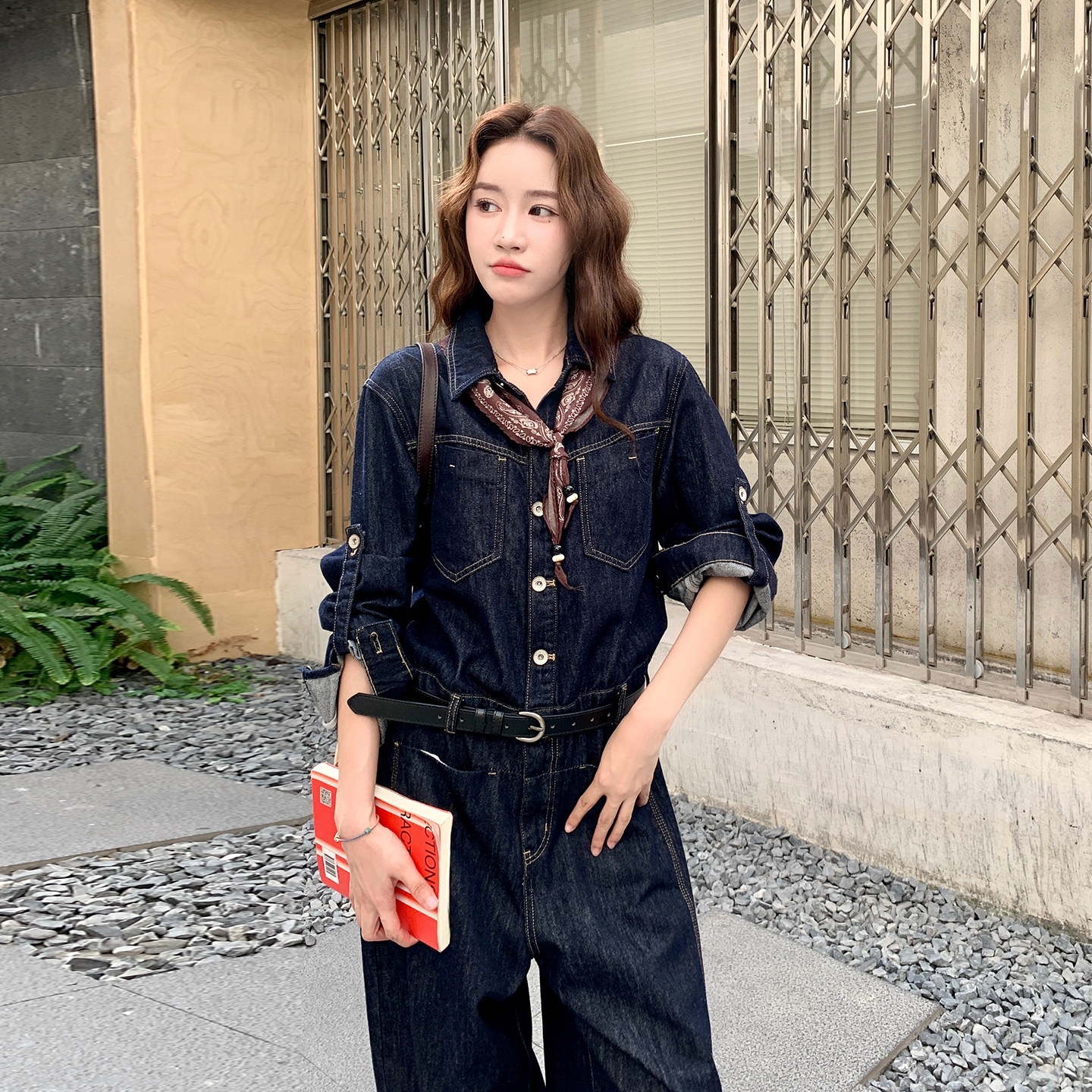 2026新款牛仔连体裤配腰带丝巾三件套2D009-2591P165控238,女装连体裤,2D009