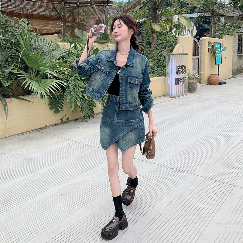 现货2025秋季新款韩系设计感牛仔两件套裙2C057-8121-P155-K228,女装套装/套裙,2C057