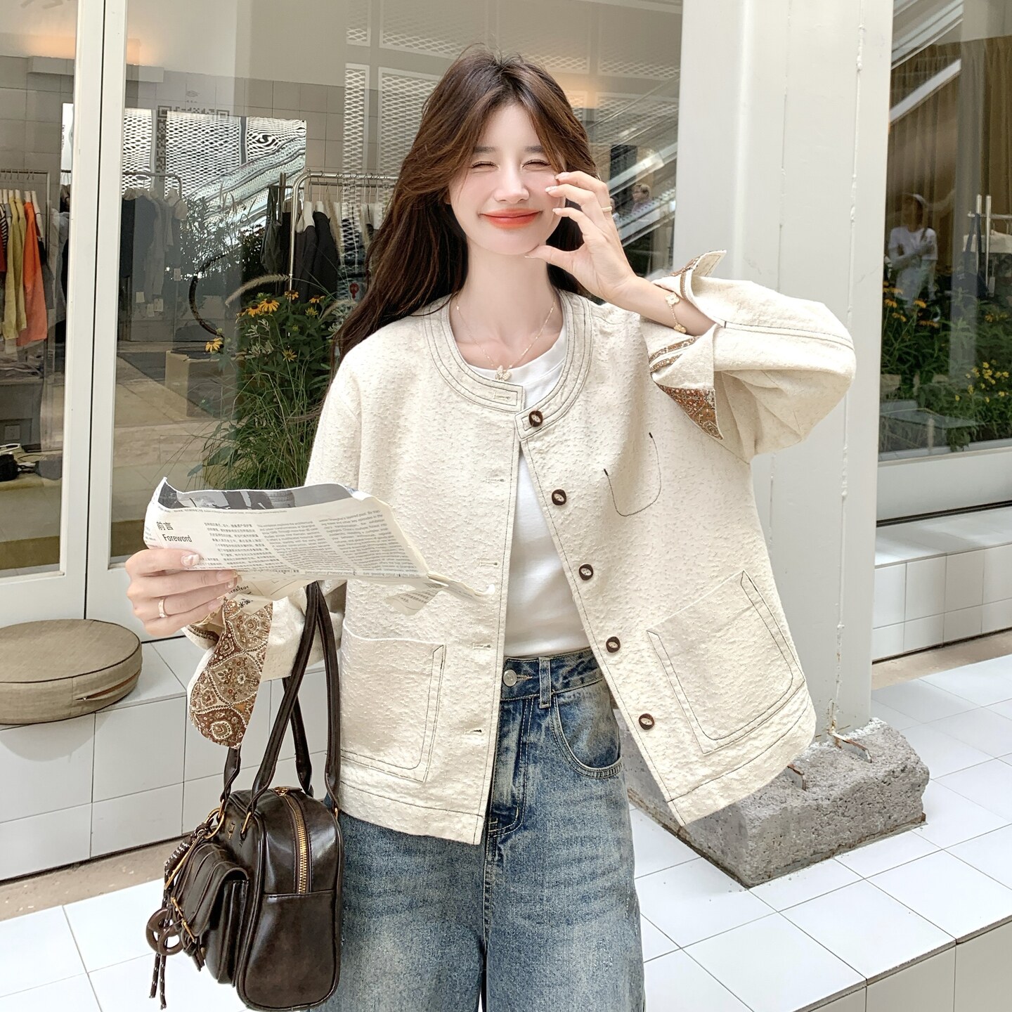 设计感复古显瘦圆领短外套女2025春秋季新款韩版宽松休闲夹克上衣图片