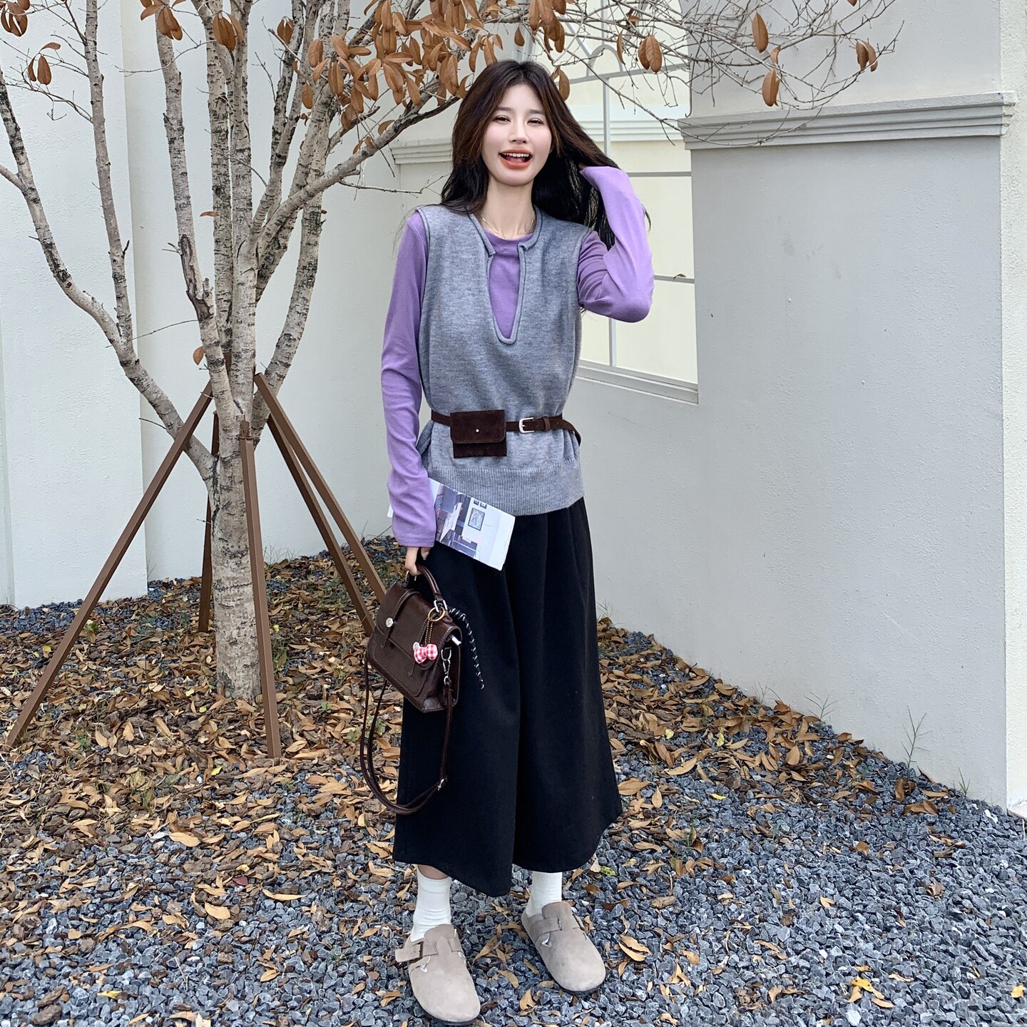 韩系针织毛衣打底衫阔腿裤三件套女秋冬2025新款设计ootd穿搭套装,女装套装/套裙,2C135