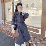 深灰色复古高级感气质风衣外套女2025秋韩系收腰显瘦格纹拼接大衣，女装风衣，2C271