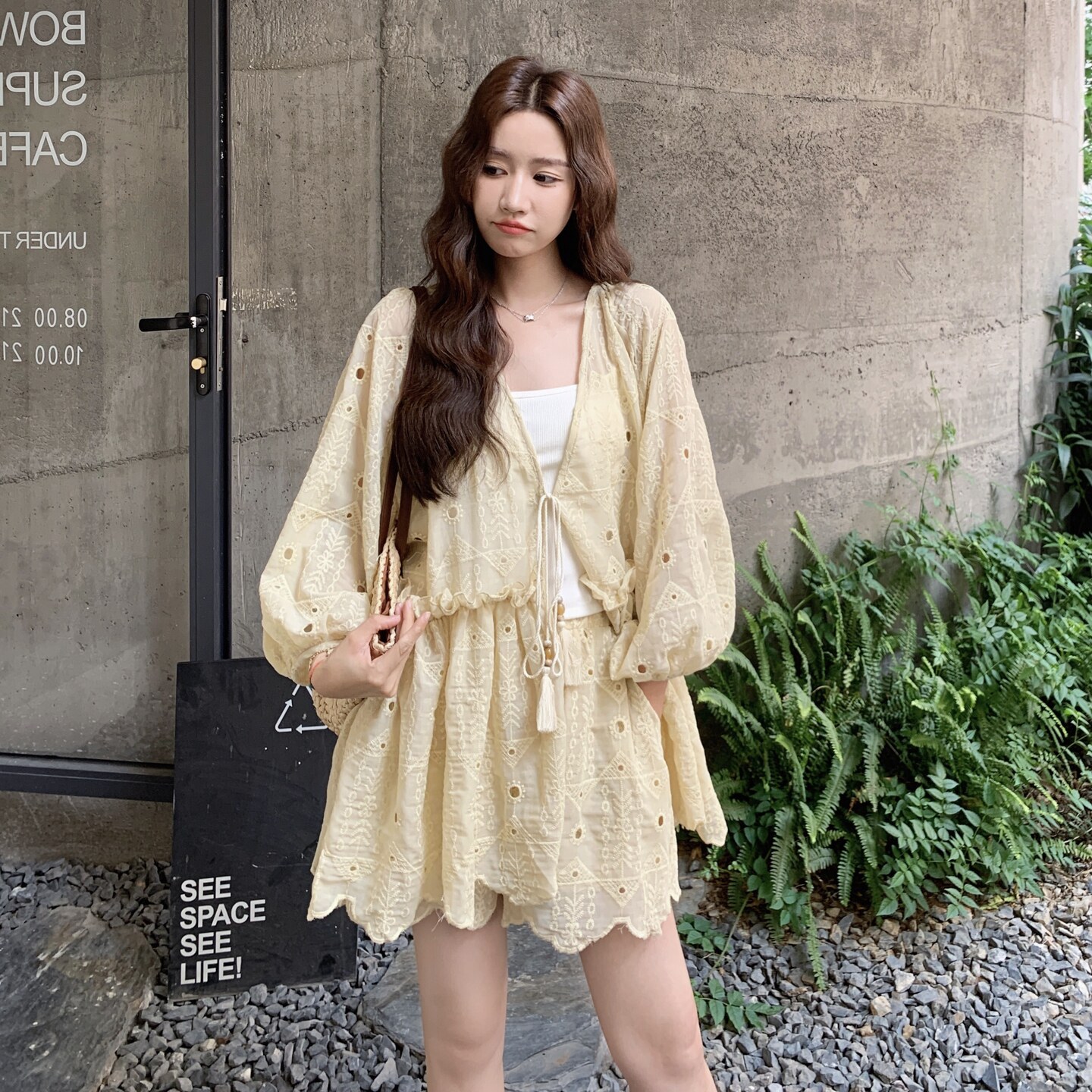 提花长袖衬衫短裤套装女夏2025新款度假风两件套慵懒流行爆款超火,女装套装/套裙,2C203