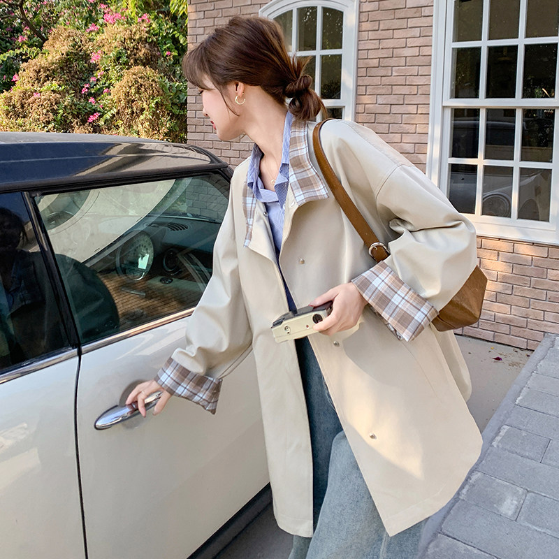 卡其色格纹拼接风衣外套女2025春新款韩版小个子减龄休闲百搭大衣图片