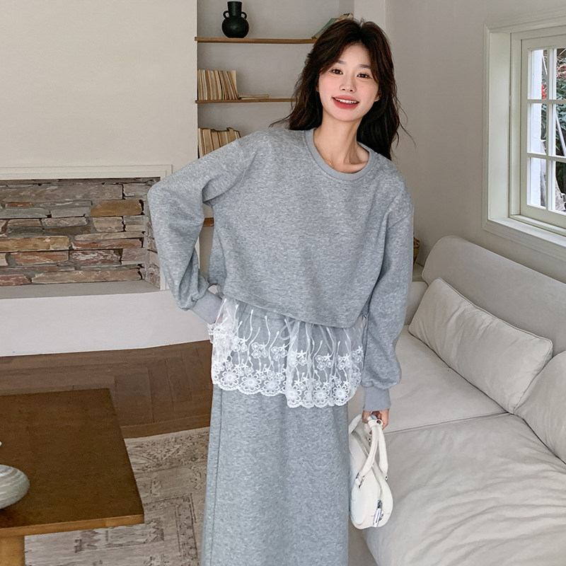 新品灰色慵懒风蕾丝卫衣开叉半身裙时尚套装5861-P150-K218,女装套装/套裙,2C159