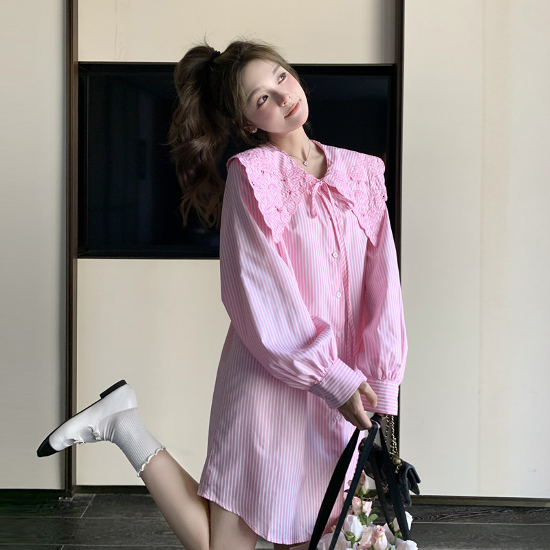 粉色娃娃领条纹连衣裙女2025春新款韩版时尚小个子洋气减龄衬衫裙图片