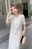 法式蕾丝刺绣短袖上衣半身裙套装女2025新款夏季温柔风淡人两件套，女装套装/套裙，2C212