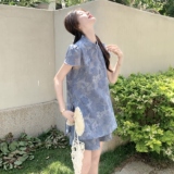 新中式国风套装女2025夏季新款时尚复古盘扣印花上衣阔腿裤两件套，女装套装/套裙，2C135