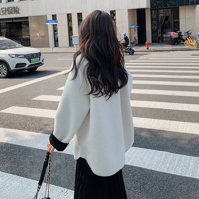 两面穿羊羔毛绒外套女冬季2024新款小个子百搭宽松加厚中长款棉衣,女装毛呢外套,2C196