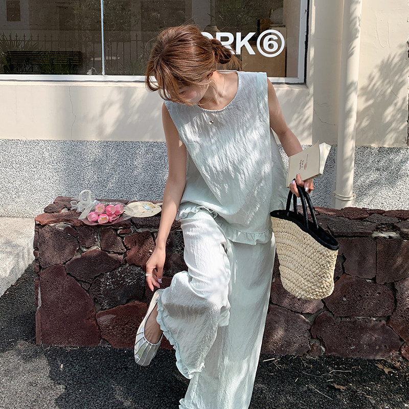 浅绿色小香风套装女2025夏新款高级感韩系无袖上衣阔腿裤两件套,女装套装/套裙,2D043