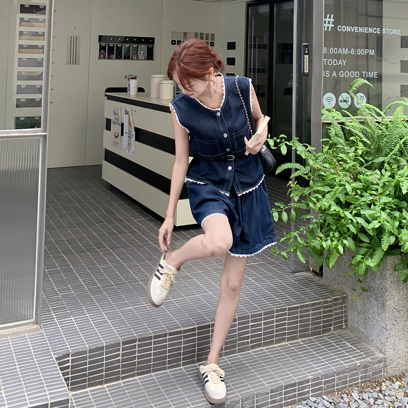 现货2D078-T2069-P145K208蕾丝拼接牛仔上衣+短裤,女装套装/套裙,2D078