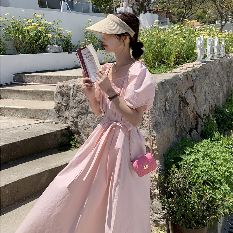 粉色收腰显瘦高端精致连衣裙女2023夏新款法式温柔风初恋气质长裙,女装连衣裙,2C166