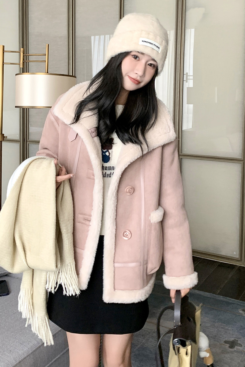 【正反两穿】2025冬季新款麂皮绒羊羔毛皮毛一体外套,女装短外套,2C269