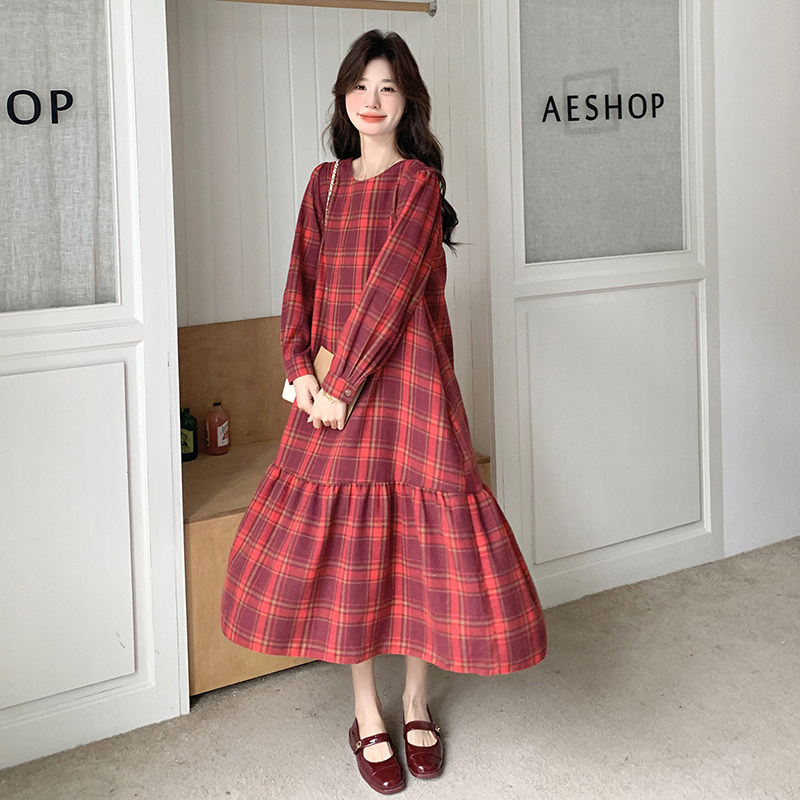 红色格子连衣裙女2025年春季新款法式复古文艺范收腰显瘦气质长裙,女装连衣裙,2C009