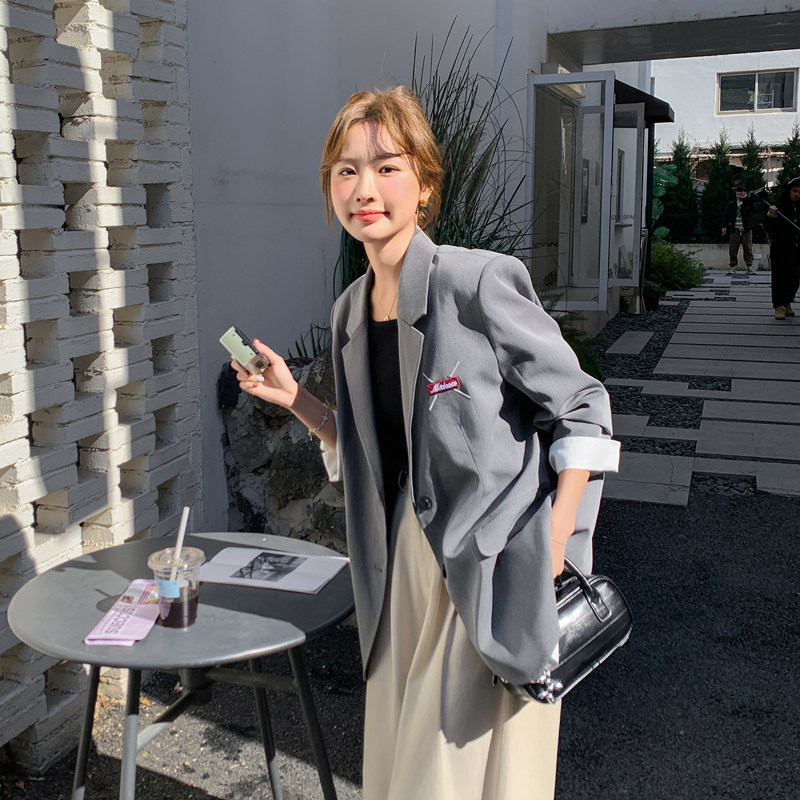灰色韩版宽松休闲西装外套女2025秋季新款小个子时尚显瘦西服上衣,女装西装,2C092
