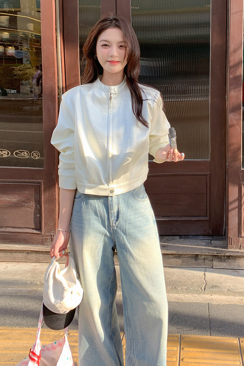 白色皮衣外套女2025新款春季高级修身短款小个子机车显瘦夹克,女装短外套,2C093