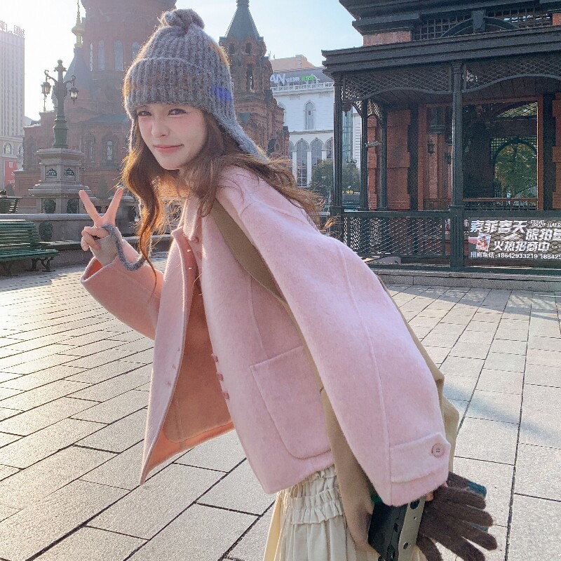 甜美巨好看粉色双面呢羊毛外套女秋冬2025新款小个子流行爆款大衣,女装毛呢外套,2C320