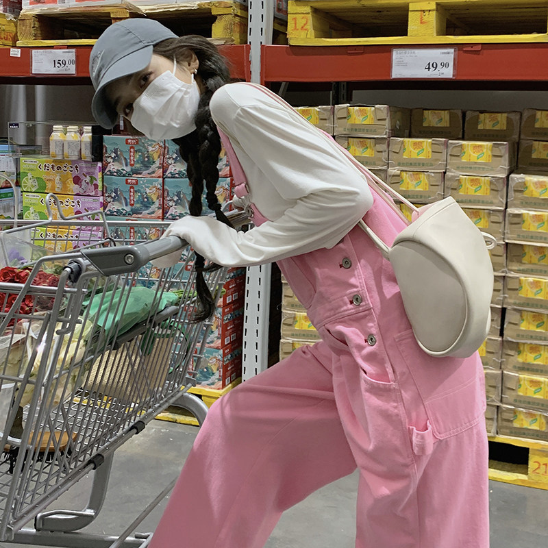 【现货】2025春季新款粉色网红款牛仔阔腿背带裤S165-P115-K168,女装休闲裤,2C120