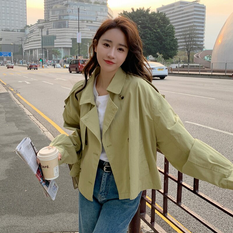 现货数据好小个子复古绿卡其风衣短款2318p135k188,女装风衣,2D009