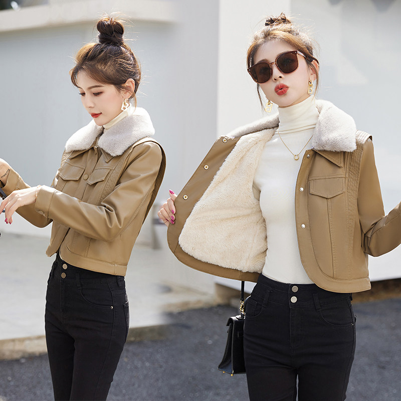 现货！带毛领皮衣外套女加绒加厚2025年冬季新款时尚小个子潮，女装皮衣，吾爱衣,女装皮衣,吾爱衣