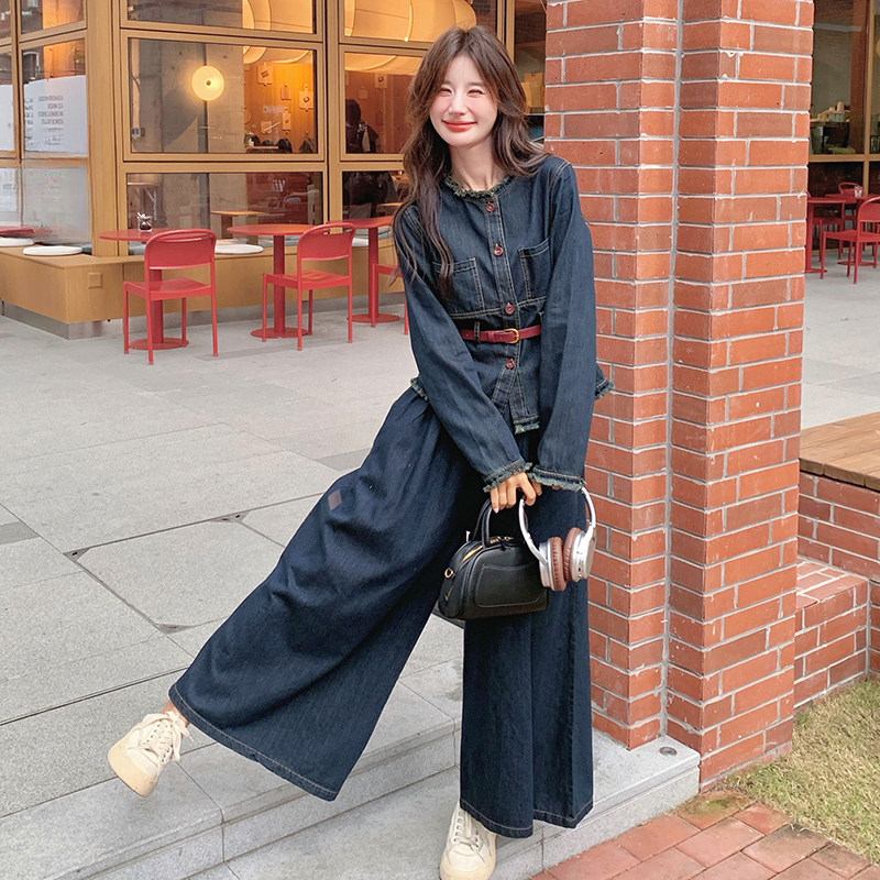 韩版时尚做旧毛边牛仔套装女2025春秋季新款显瘦高腰阔腿裤两件套,女装套装/套裙,2C098