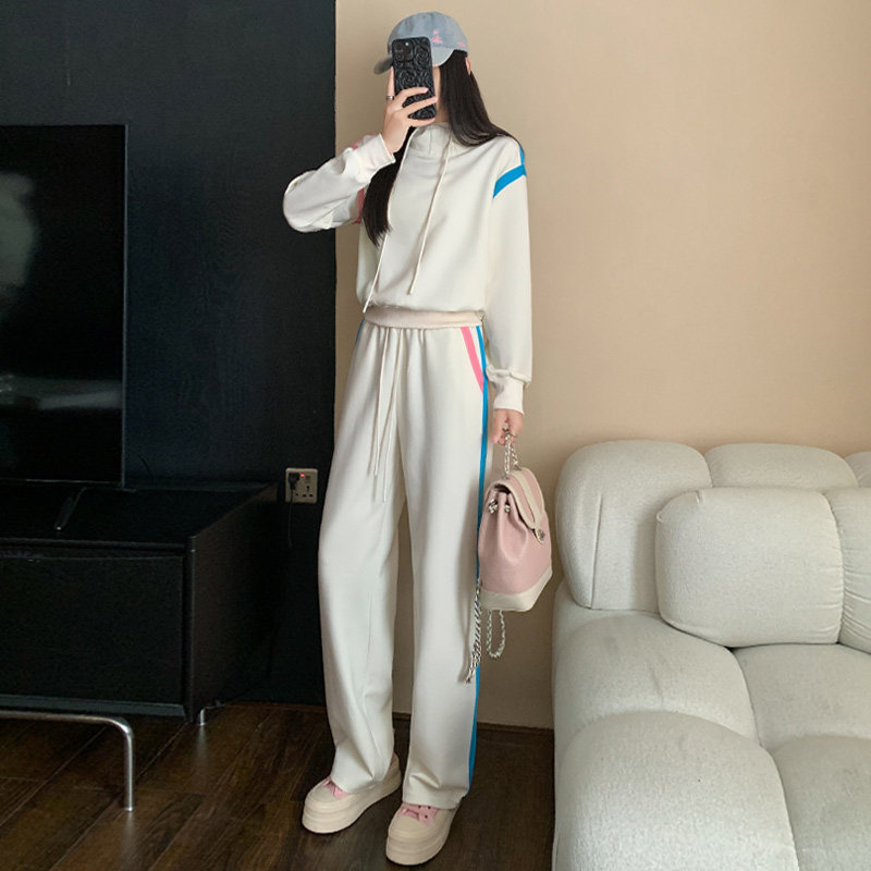 女春季洋气拼接色连帽卫衣直筒卫裤两件套潮,女装套装/套裙,2C310