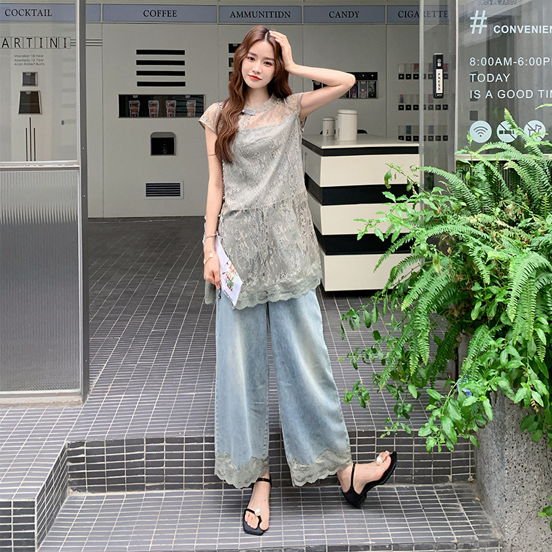 江南风裤子时尚套装运动风背心提花山本风休闲风宽松蕾丝套装短袖图片