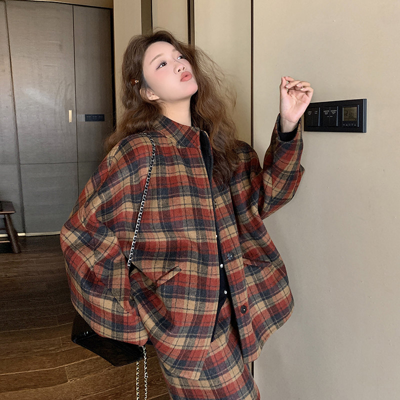 复古格纹套装裙女2025春季新款韩版宽松时尚休闲上衣半身裙两件套图片
