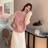 粉色甜美针织花朵马甲套装女春季时尚减龄法式气质两件套，女装套装/套裙，2C166