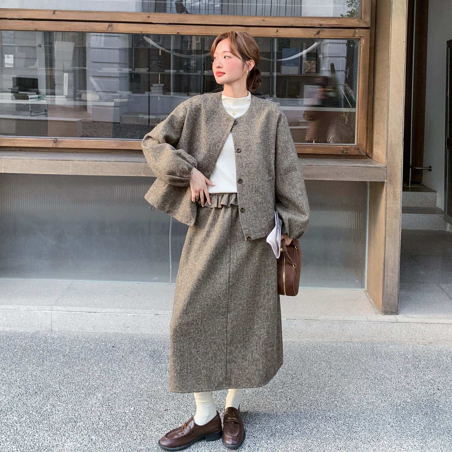 加棉加厚毛呢外套半身裙套装女2025冬季新款大方得体巨好看两件套,女装毛呢外套,2C206