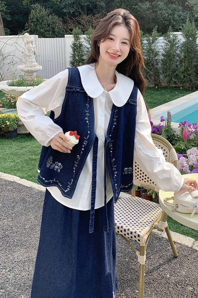 新中式时尚牛仔套装女潮娃娃领衬衫宽松百搭刺绣马甲半身裙三件套,女装套装/套裙,2C218
