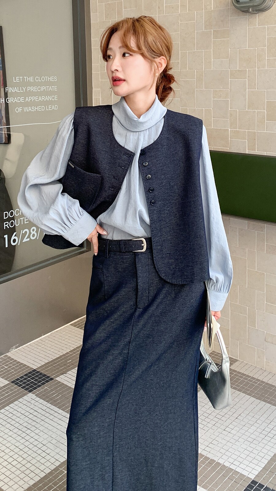 深蓝色马甲套装裙女2025秋季新款显瘦轻熟风长袖衬衫半身裙三件套,女装套装/套裙,2D035