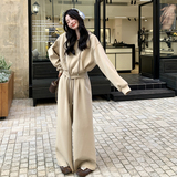 浅卡其色休闲连帽卫衣套装女秋季2025年新款超火吊带阔腿裤三件套，女装套装/套裙，2C159