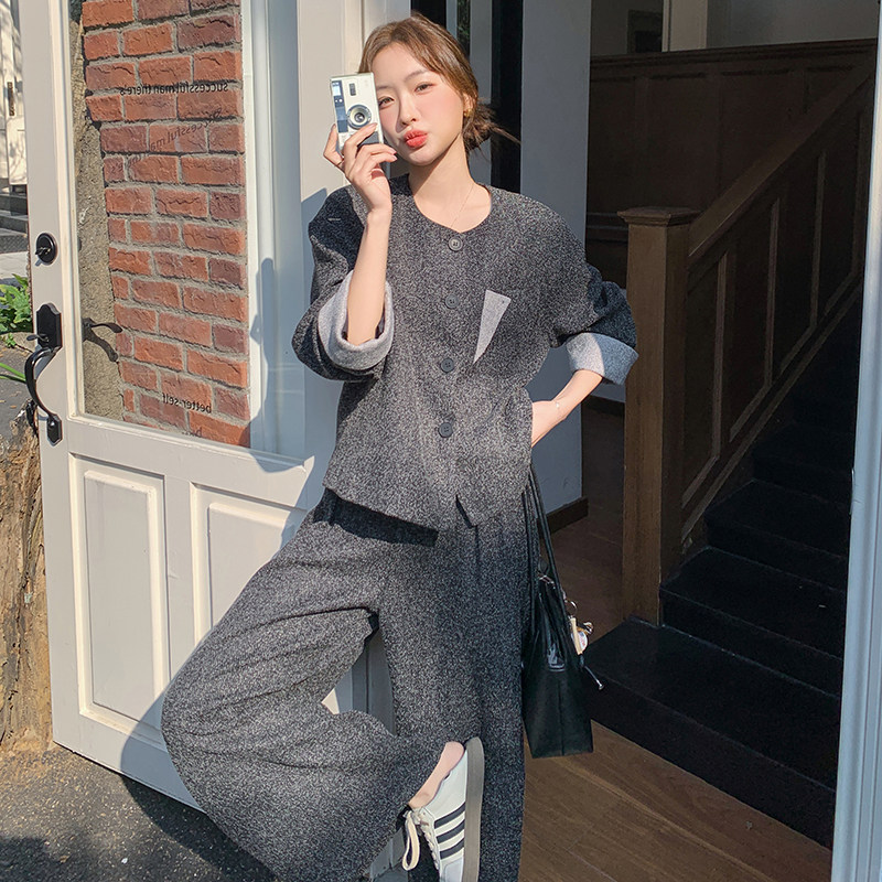 撞色拼接休闲灰色外套阔腿裤套装女春秋ootd穿搭两件套爆款高级感,女装套装/套裙,2C277