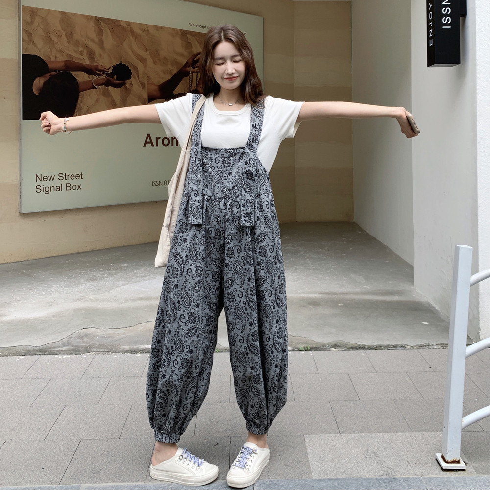 可调节印花背带裤女夏季2025新款韩系高级感小个子穿搭连体裤潮,女装套装/套裙,2C259